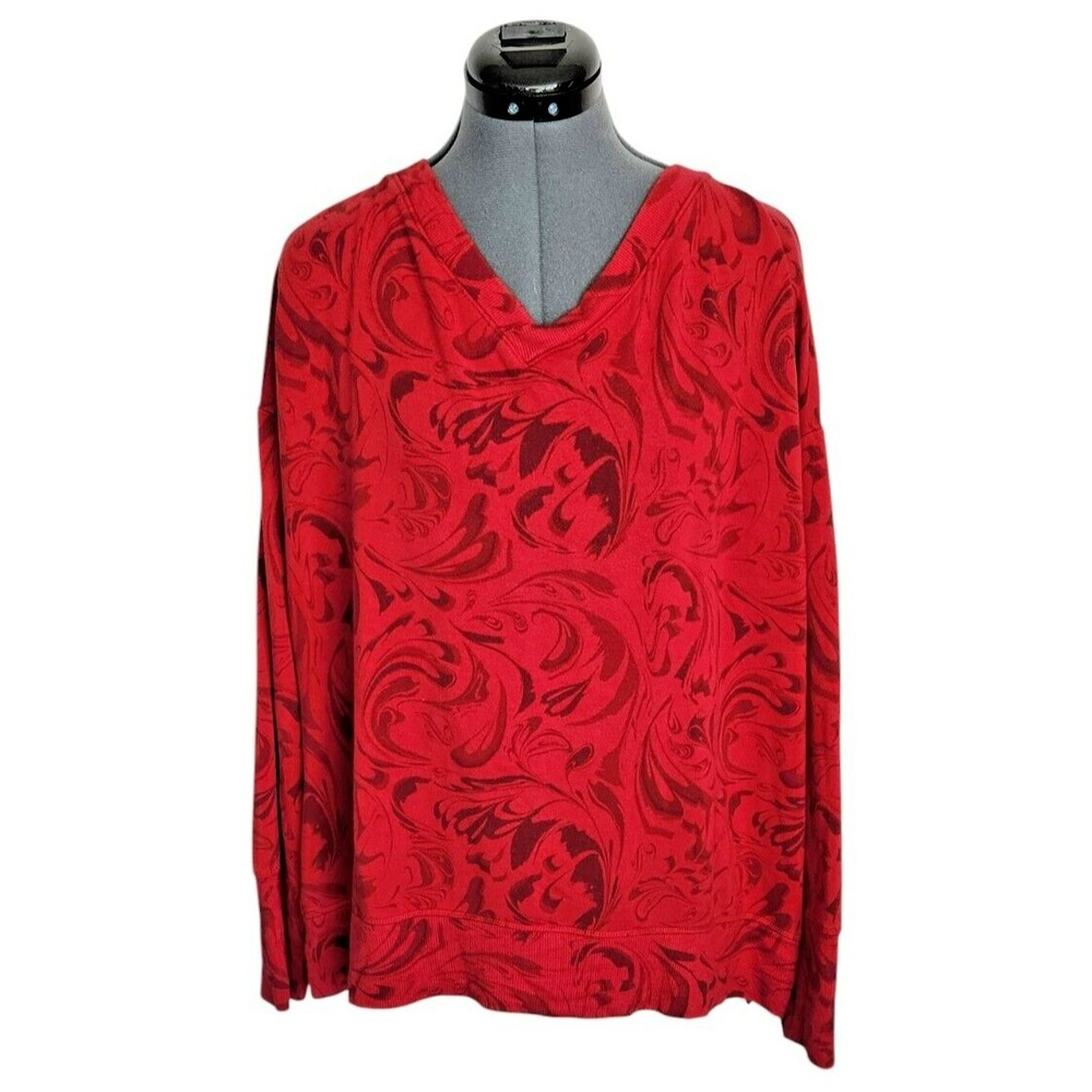 Athleta Red Swirl Paisley Print Fleece V-Neck Sweatshirt XL Pullover Top